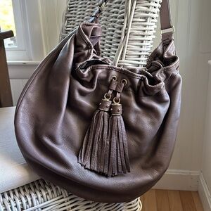 ANN TAYLOR LOFT Taupe Large Pebbled Leather Hobo Bag with Tassels